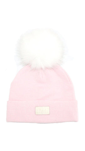 Fur Pom Beanie Hat - Light Pink